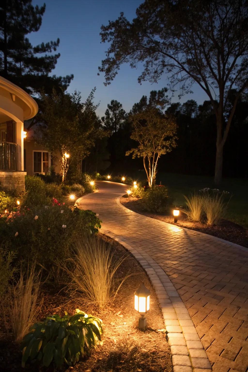 Walking path illumination enhances the berm's evening attraction.