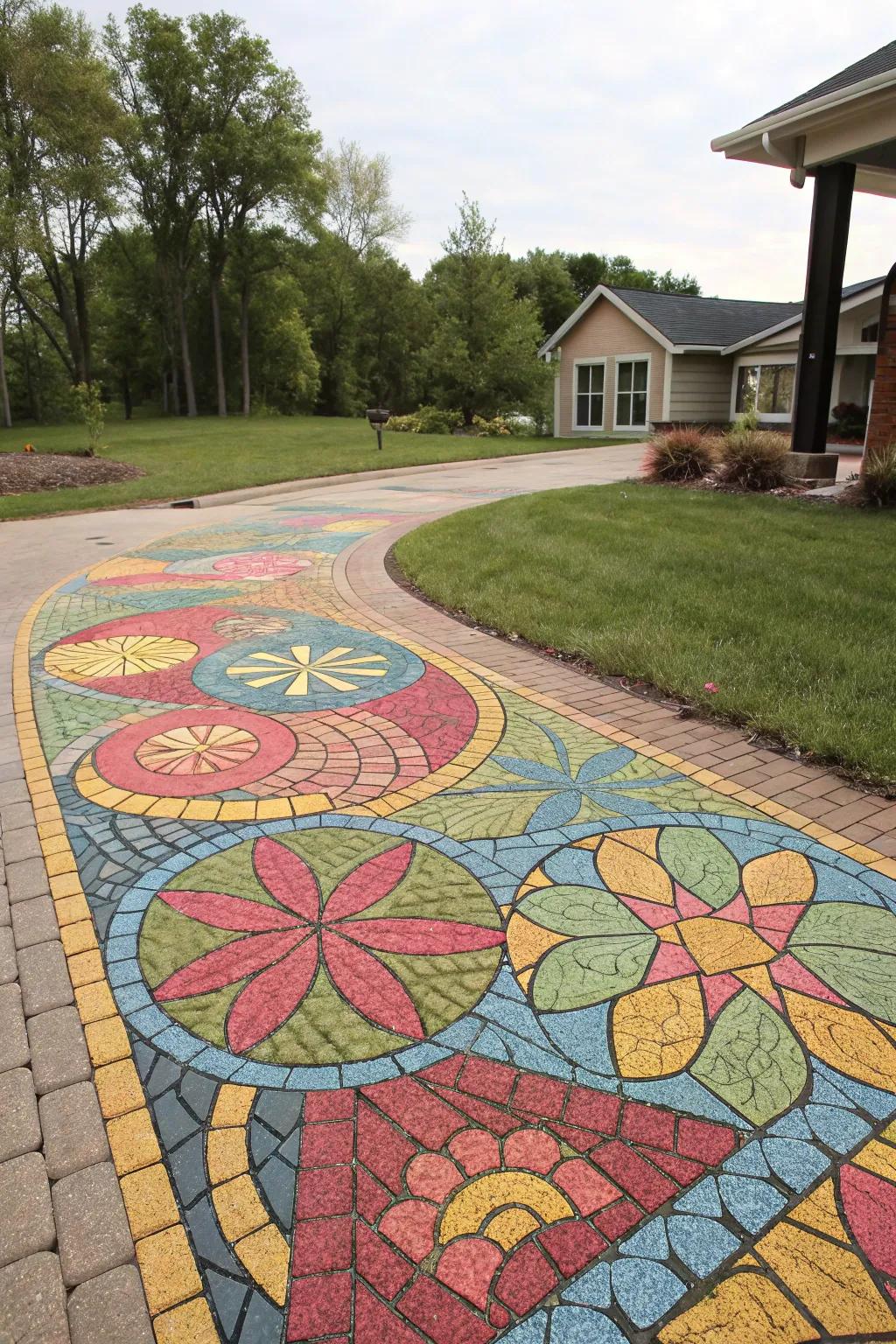 A vibrant mosaic pattern transforms a driveway into a work of art.