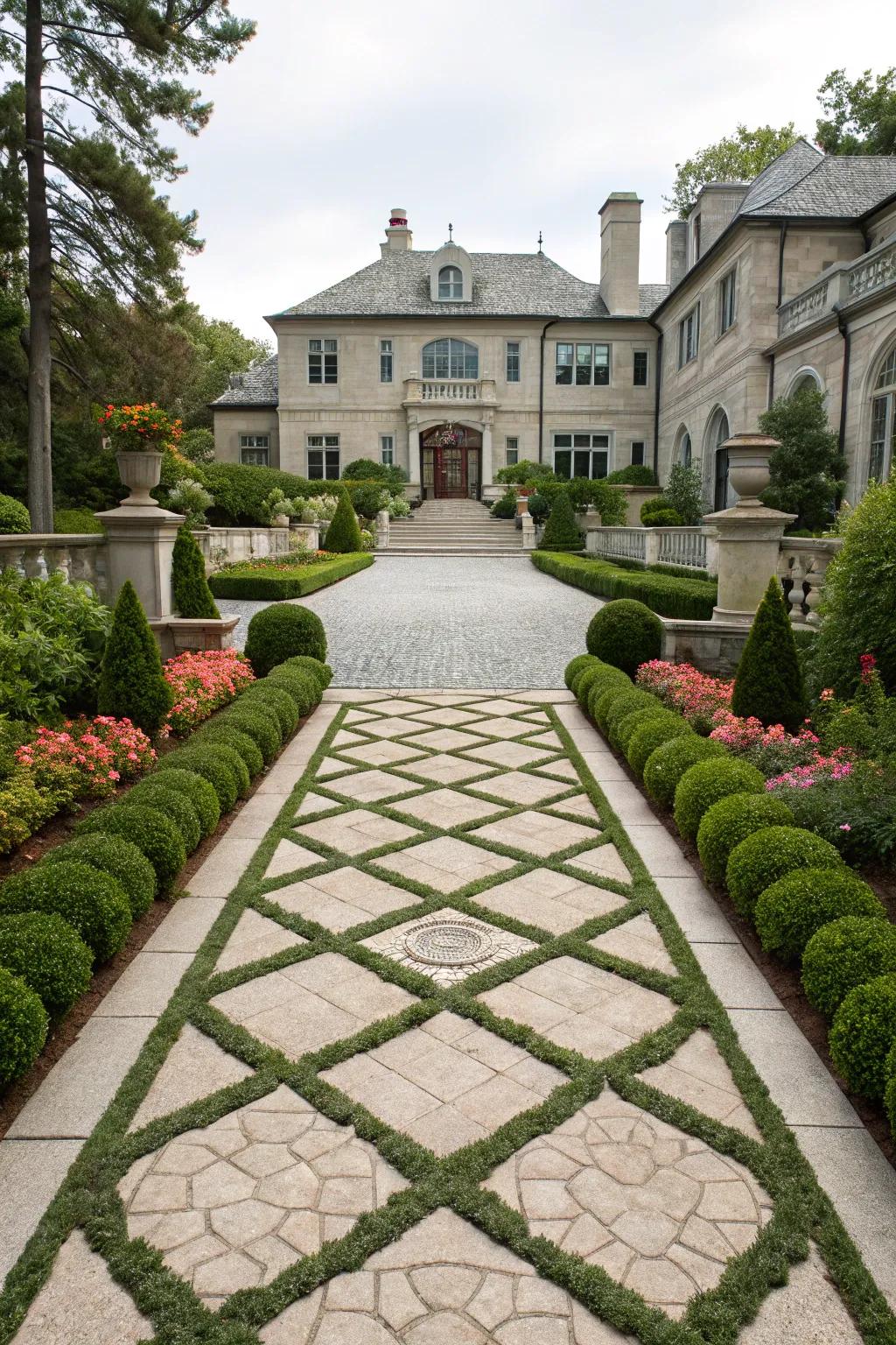 Symmetrical patterns create a balanced and elegant driveway.