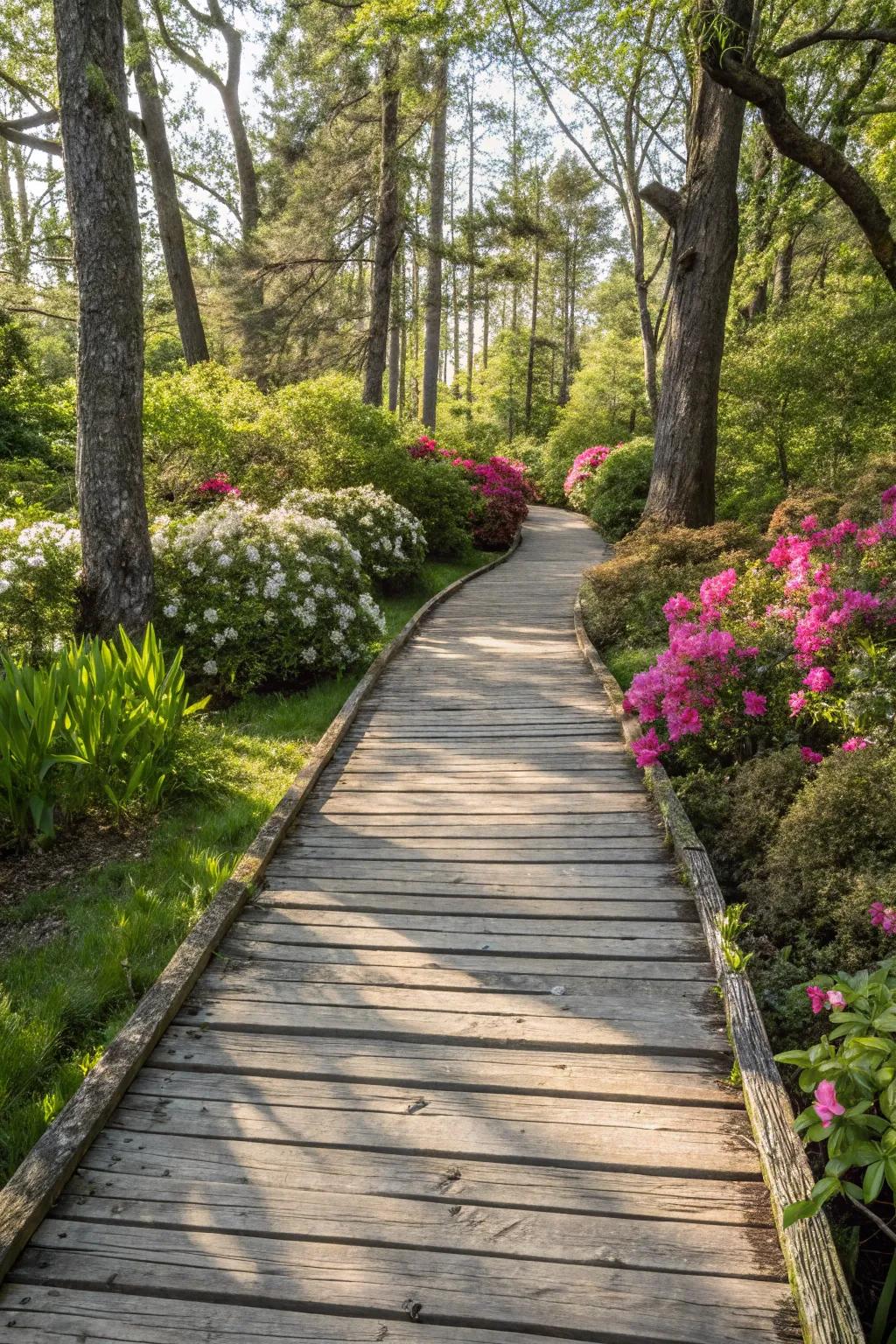 An elevated boardwalk presenting an engrossing garden view.