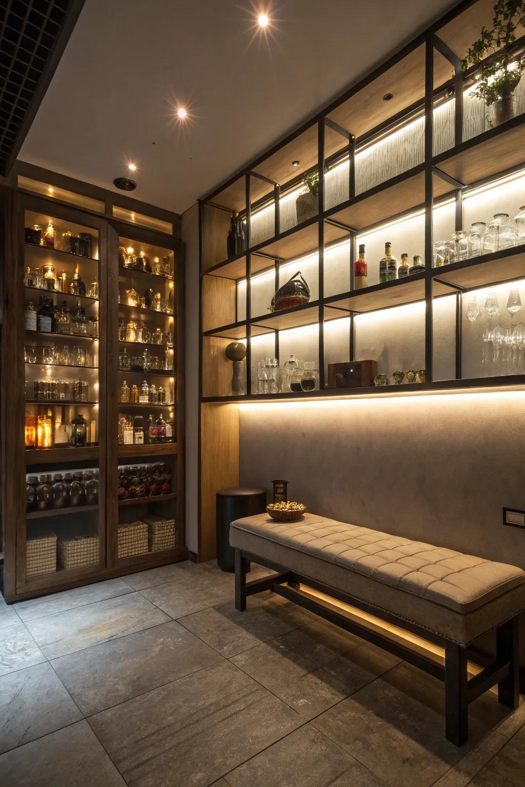 Illumination enhances the warmth of a landing station.