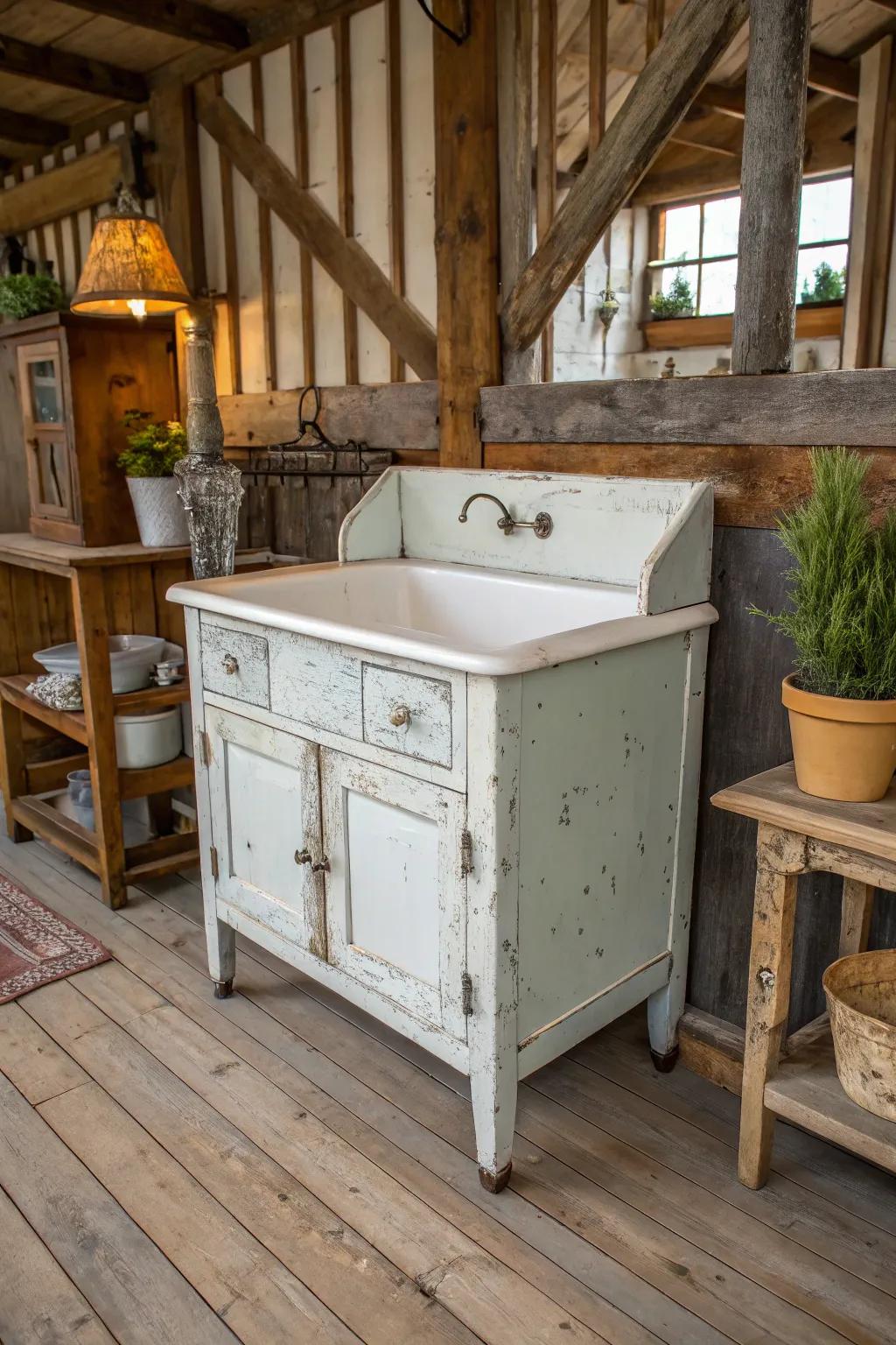 A distressed aesthetic gives this utility basin a vintage charm.