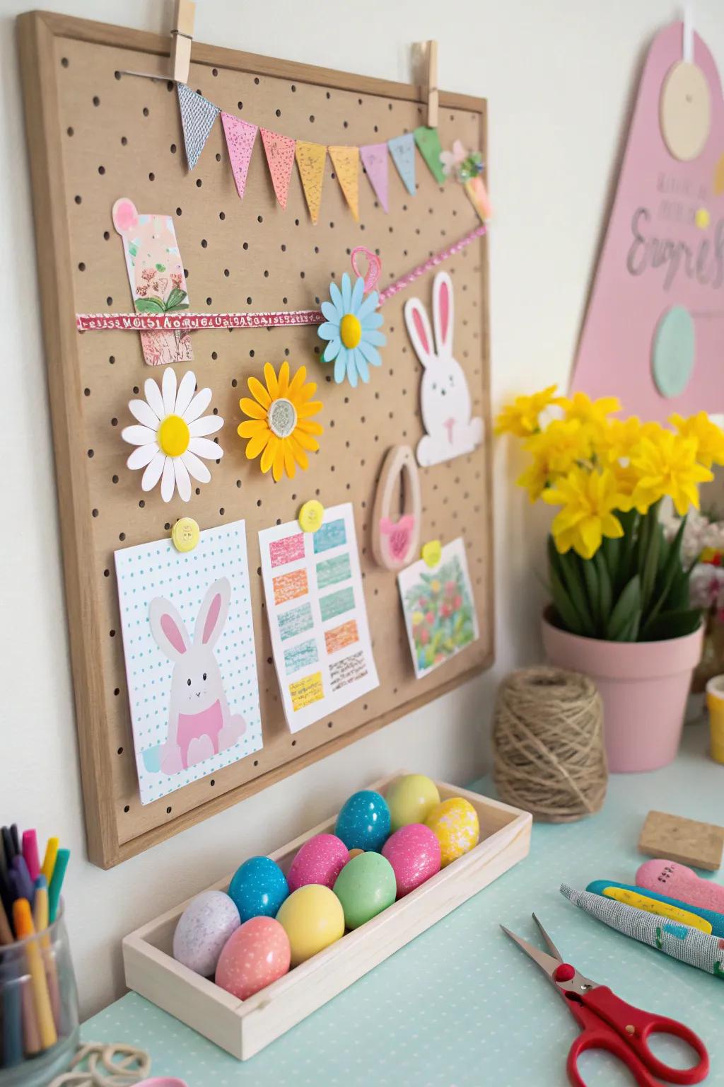 DIY Easter-themed decorations in a colorful craft corner.