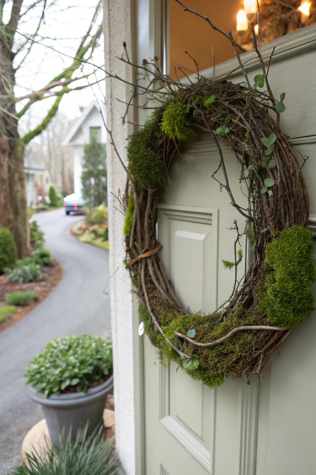 An all-natural foliage adornment contributes an earthy and timeless allure.