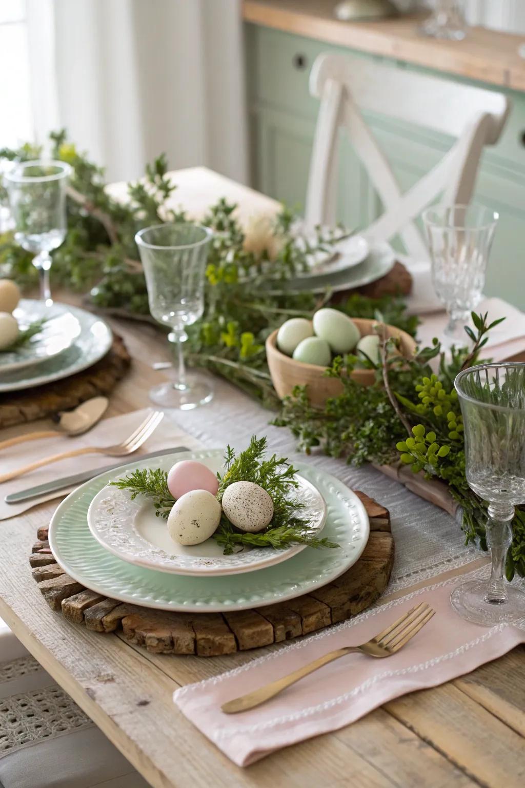 Natural greenery adds an organic touch to the Easter table decor.