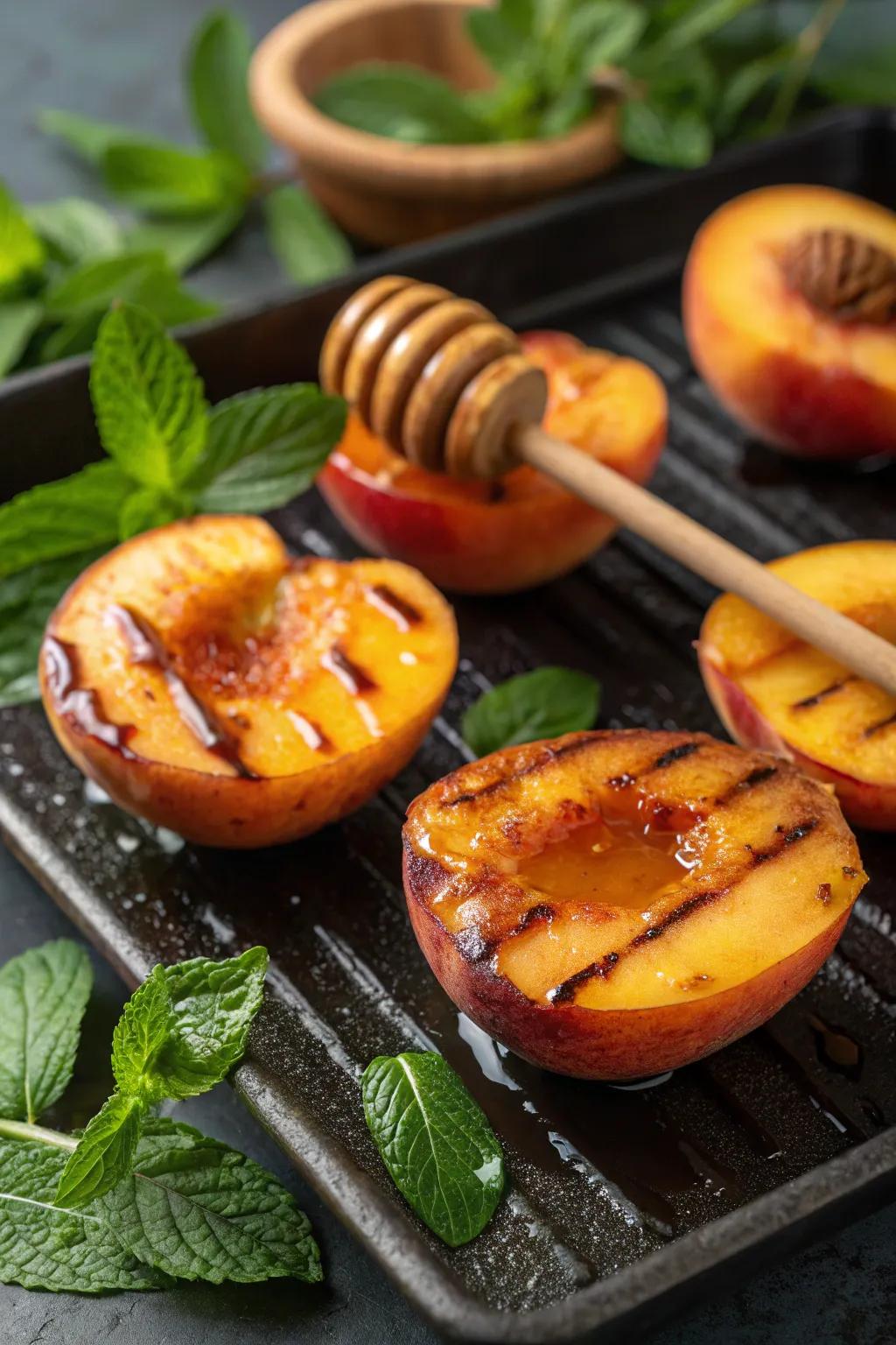 Sweet, luscious flame-seared fruit drizzled with honey and spice.