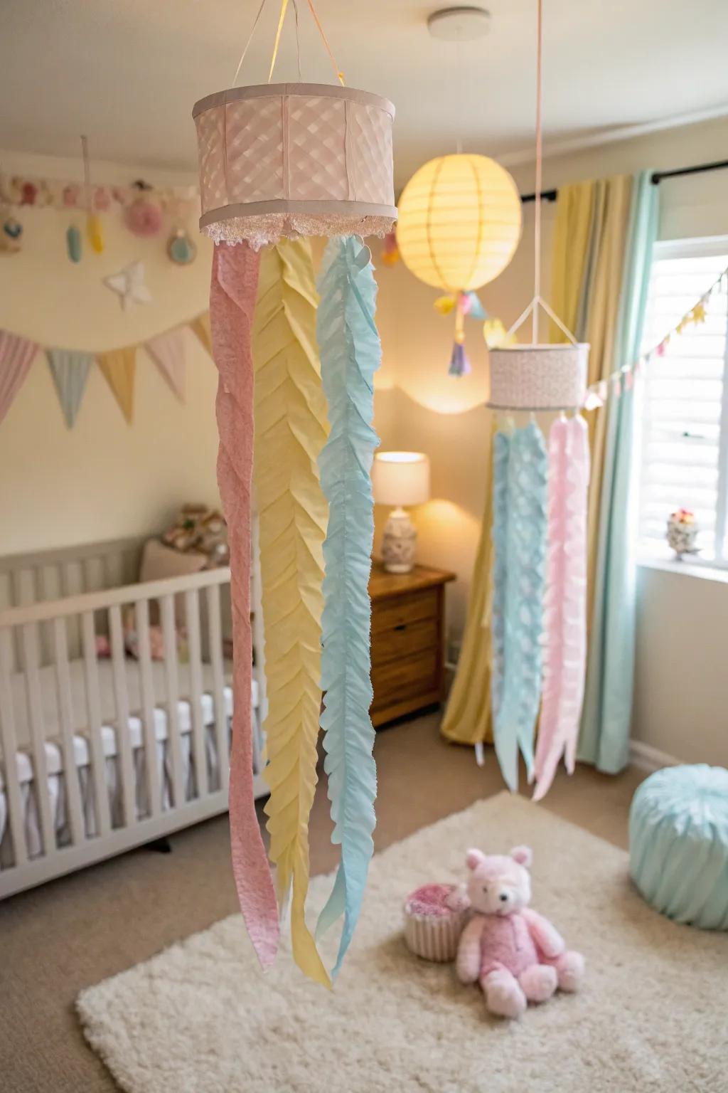 Create a dreamy mood using hanging crepe designs.