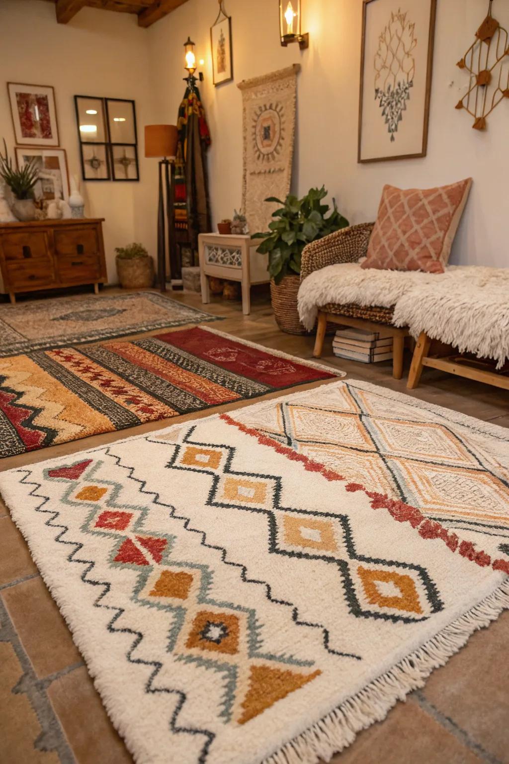 This eclectic space is made more warm and textured through layered rugs.