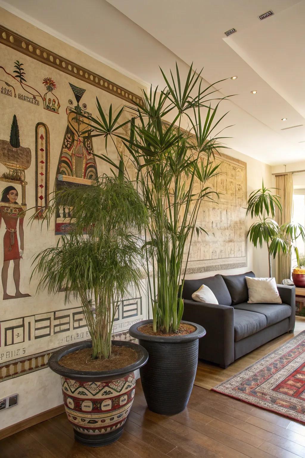 Exotic plants like papyrus bring a natural touch to Egyptian décor.