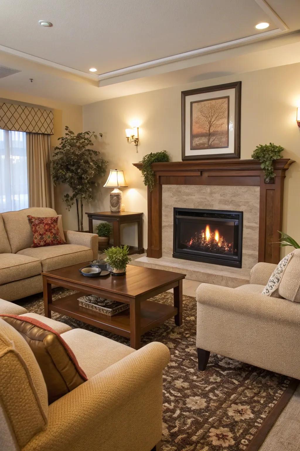 A living room with an electric fireplace and harmoniously organized furniture.
