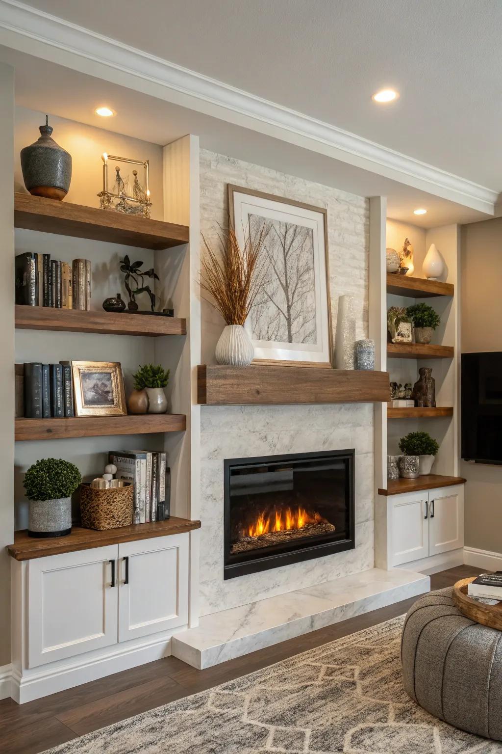 Floating shelves add style and function around an electric fireplace.