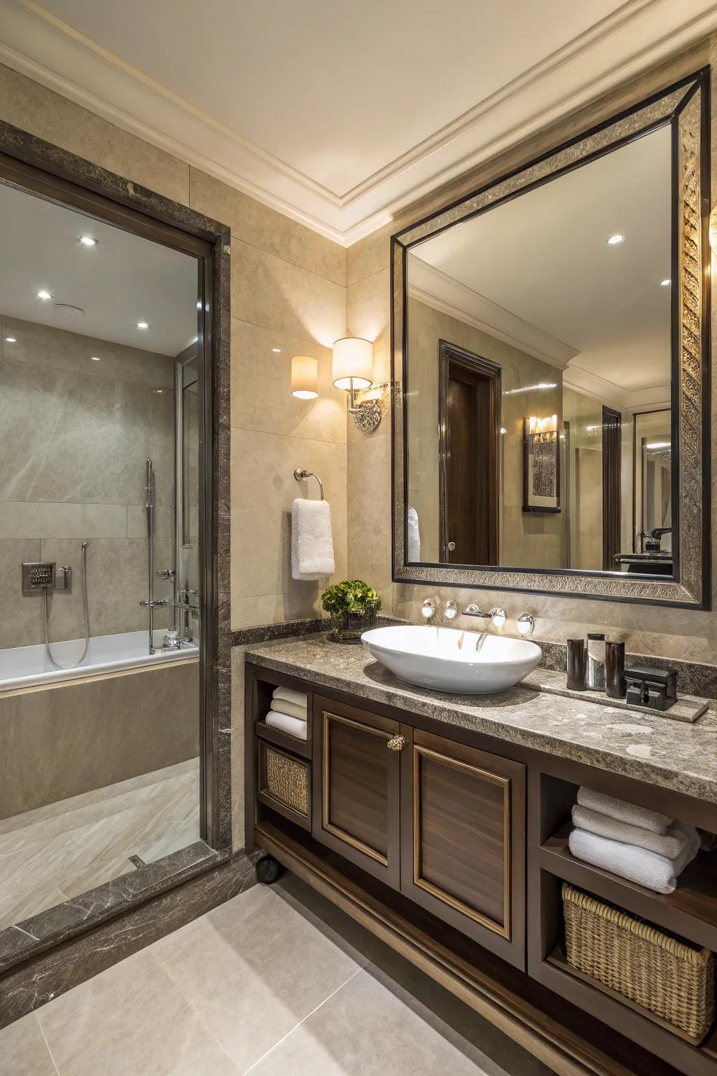Designer fixtures inject a touch of class to this sophisticated bathroom.