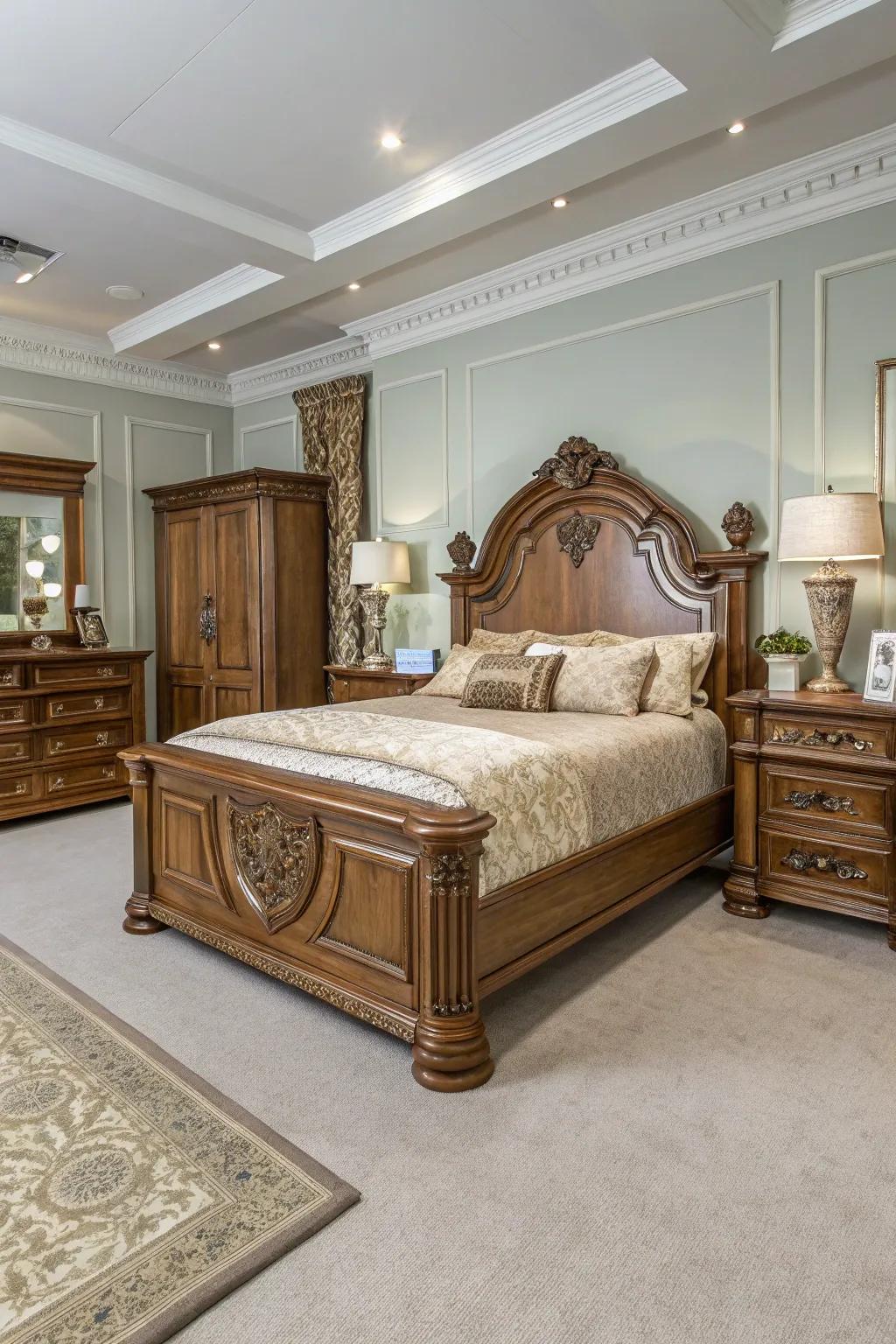 An elegant bedroom showcasing high-end wooden furniture.