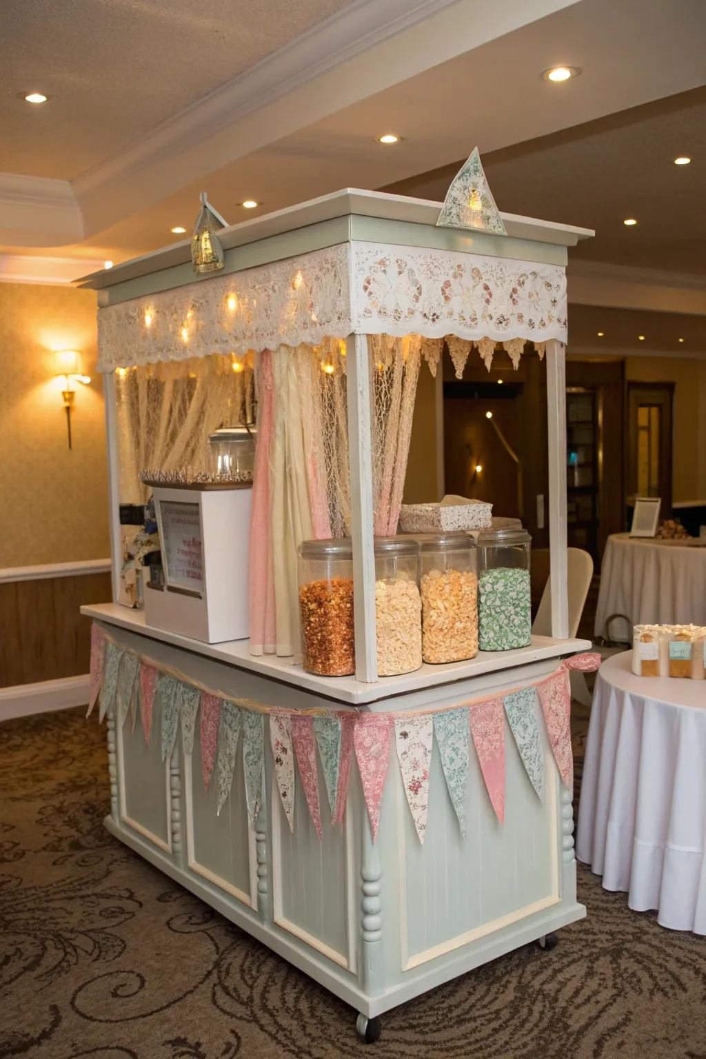 A neatly organized popcorn station, inviting guests with its stylish and accessible layout.