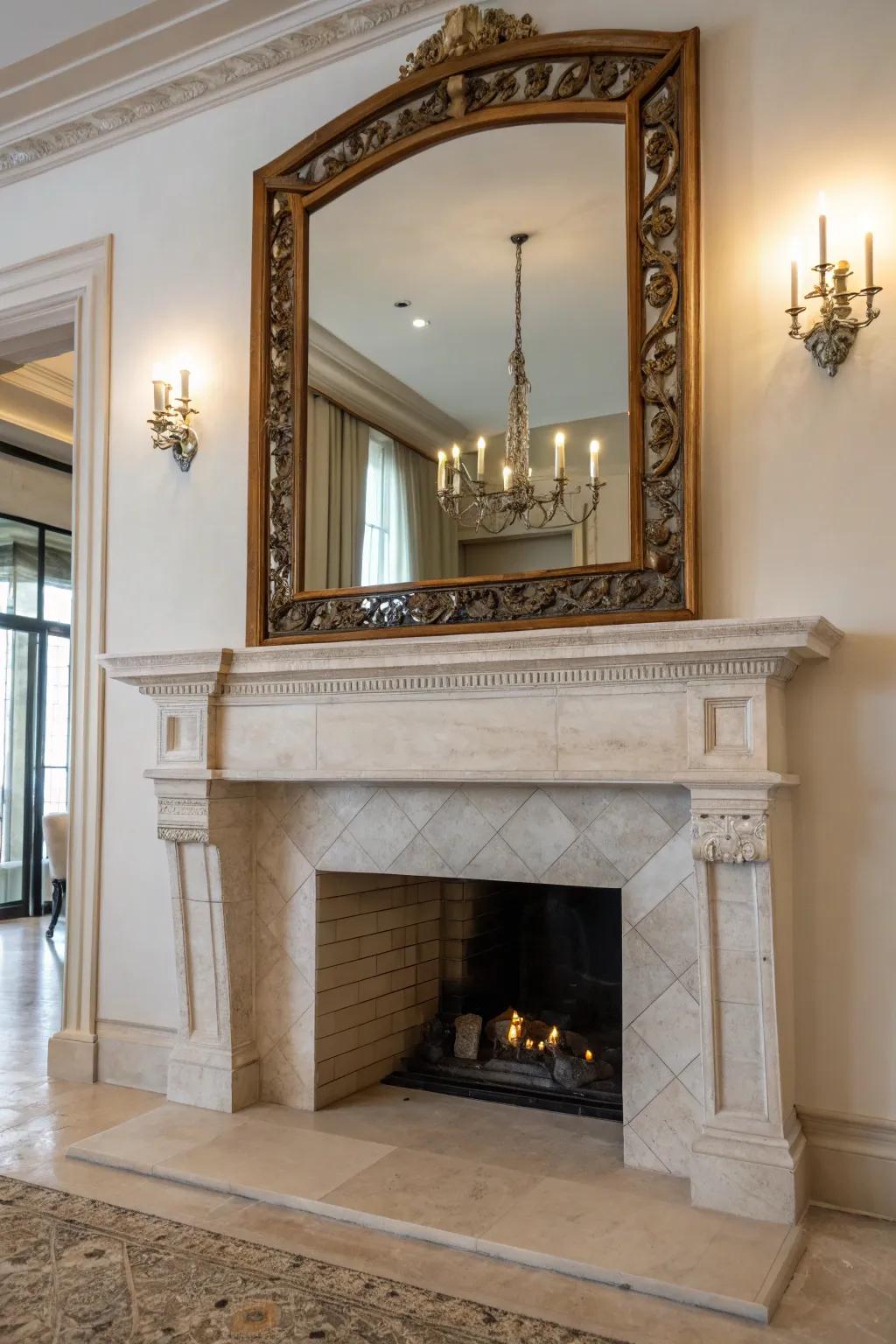 Make your space brighter and feel bigger by adding a mirror inside your fireplace.