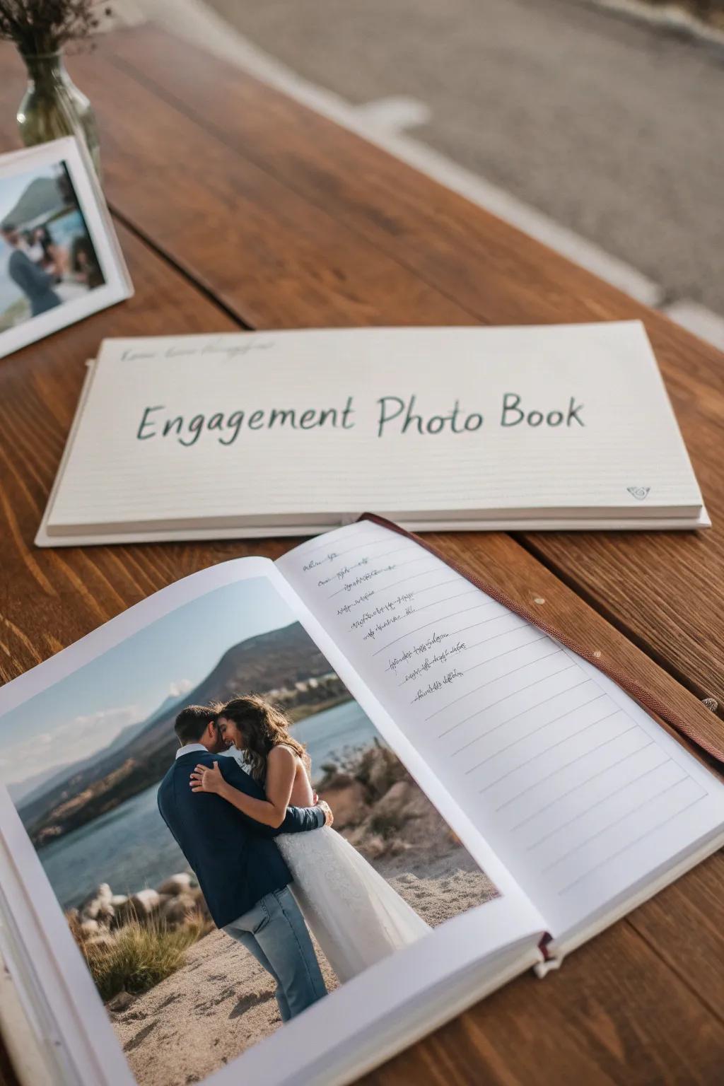 Personal messages add a heartfelt touch to an engagement memory album.