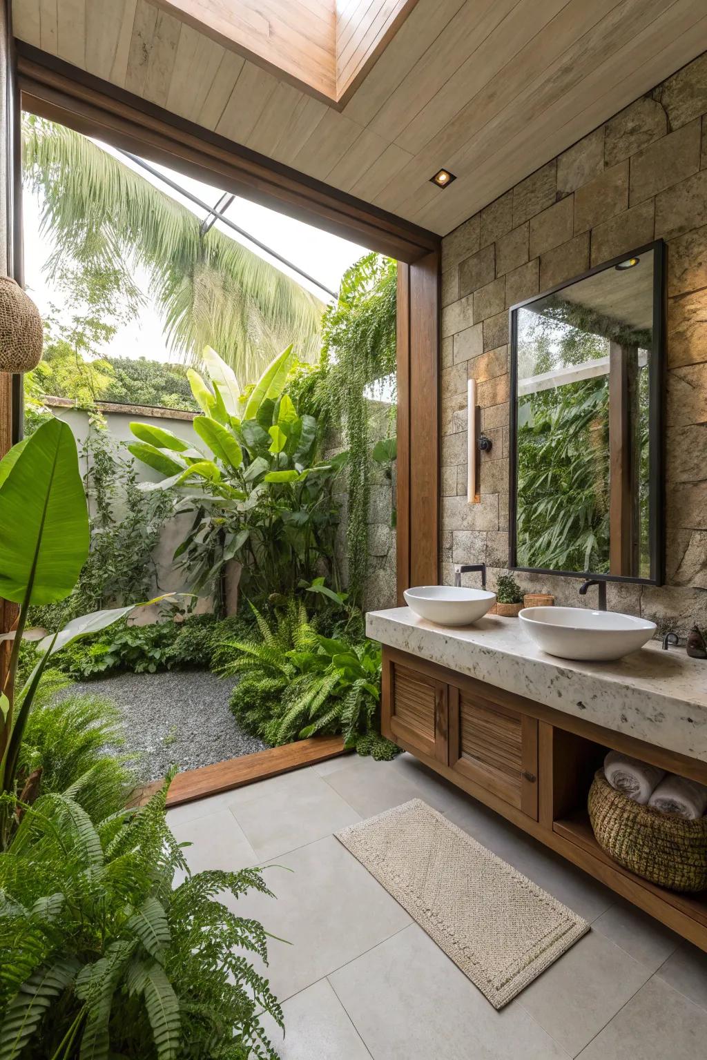 Vegetation introduces a dash of nature and vibrancy to this ensuite.