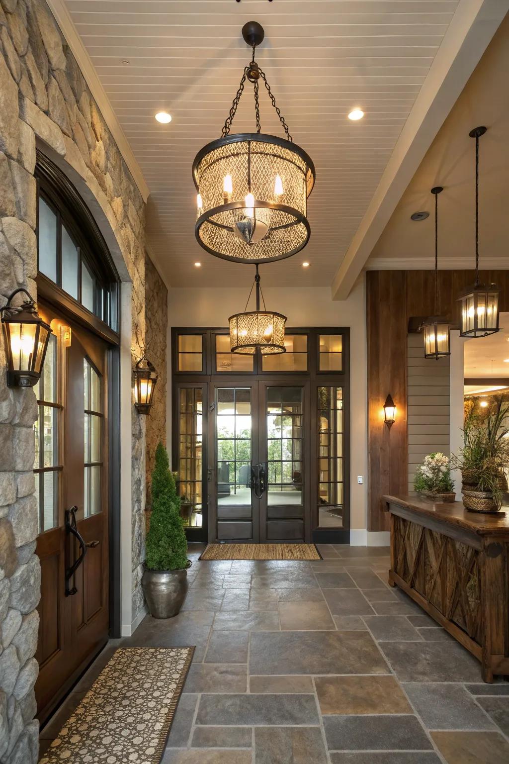 Mixed material lighting fixtures add texture and interest to this entryway.