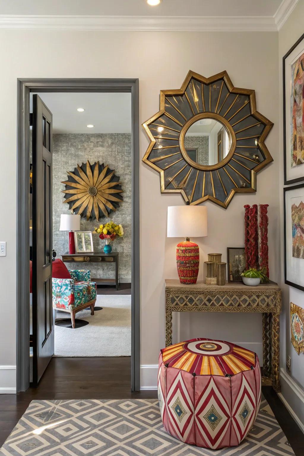 A geometric mirror incorporates artistic flair and becomes a point of focus in the entrance.