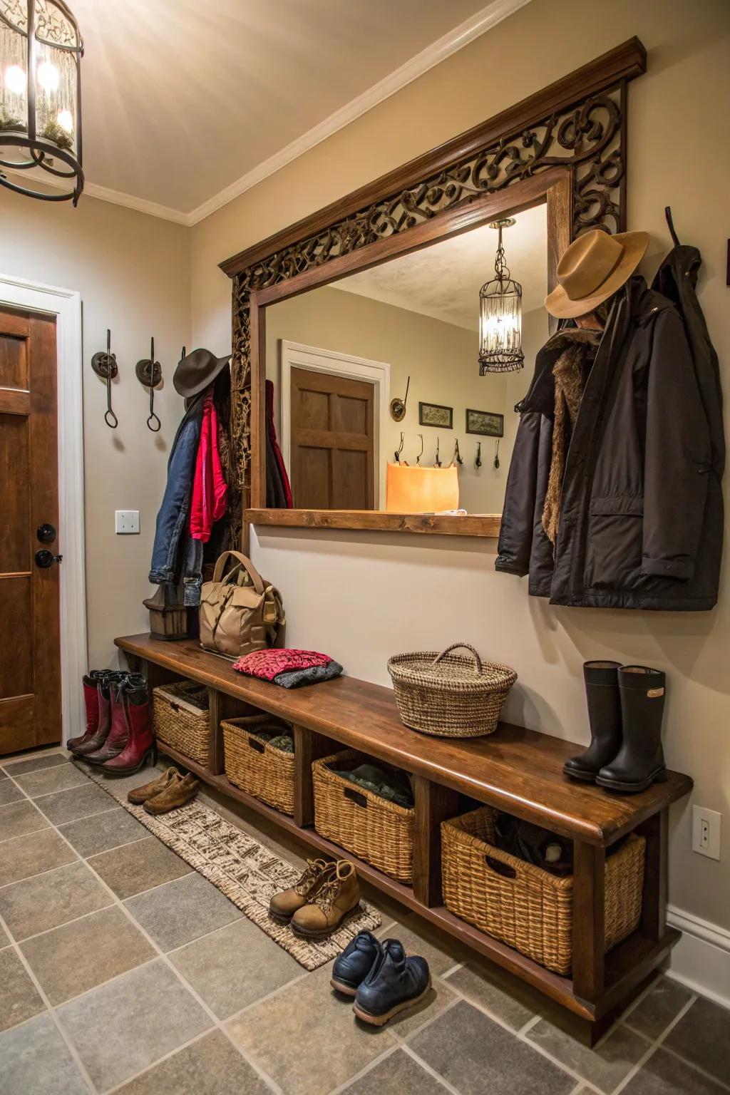 A statement looking glass gives this mudroom refinement and utility.