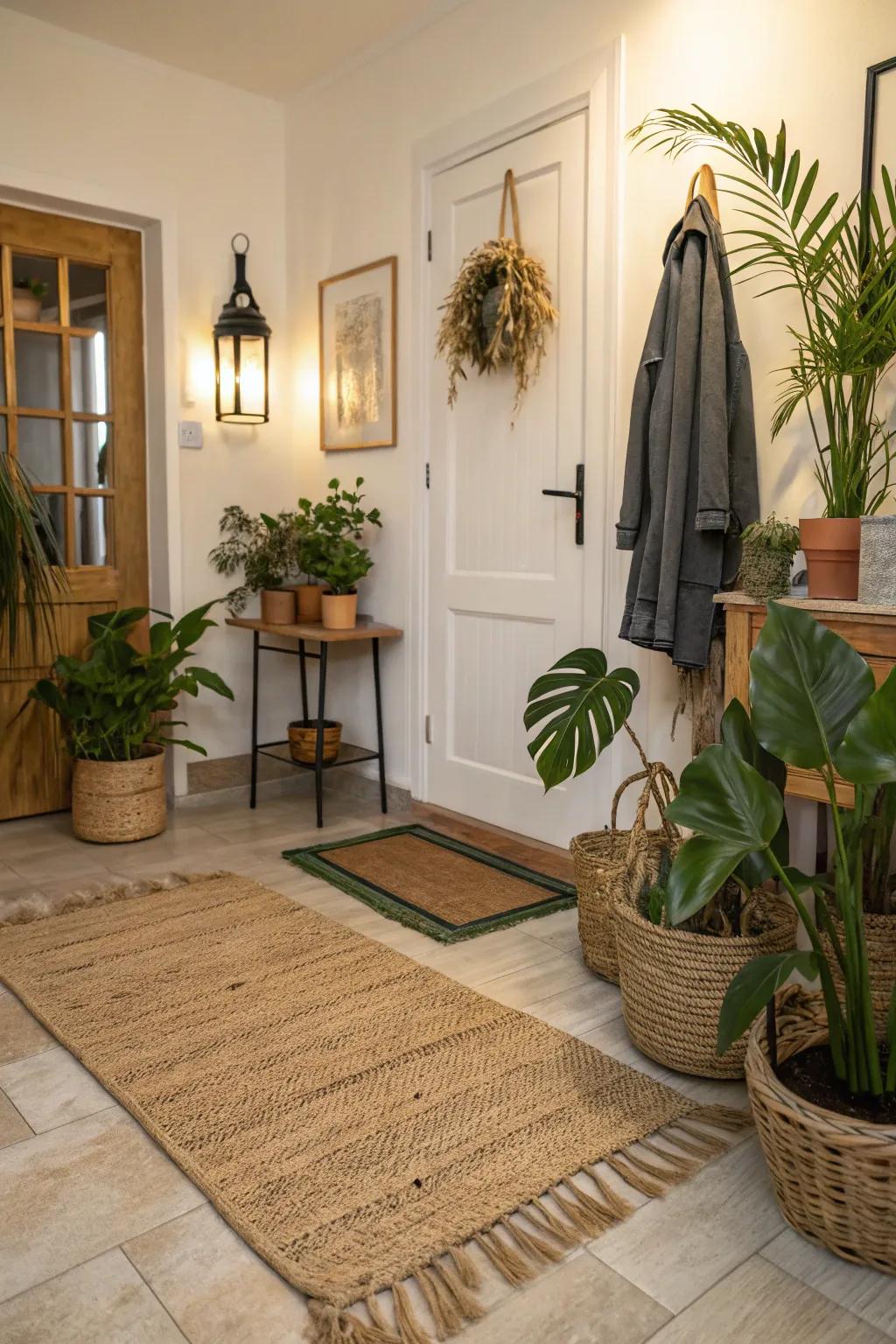 An entryway exhibits a jute rug and plants, crafting a comfortable and inviting ambiance.