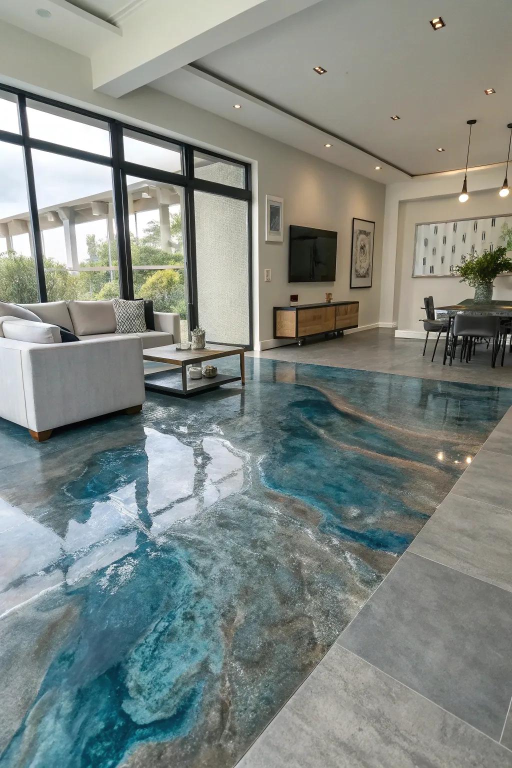 Let colors cascade with river-inspired epoxy floor designs.