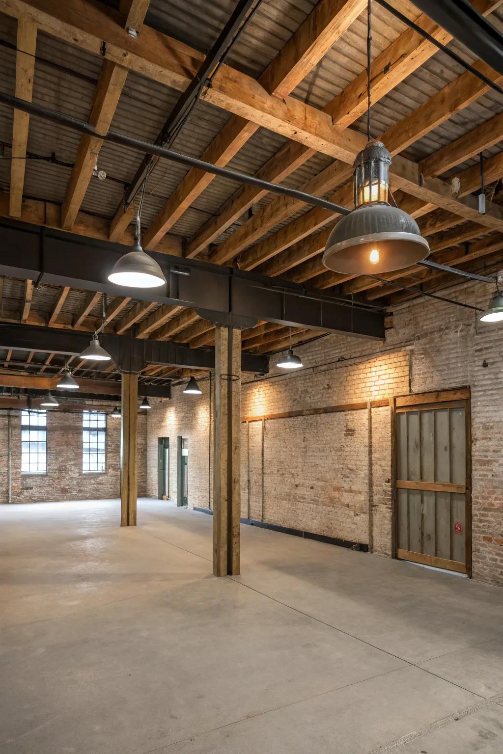 Industrial appeal with metal components and timber beams.
