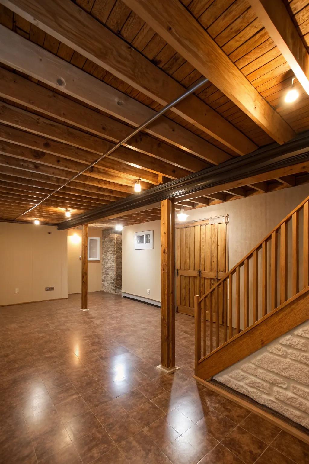 Custom wooden slats add structure and modern elegance to an exposed ceiling.