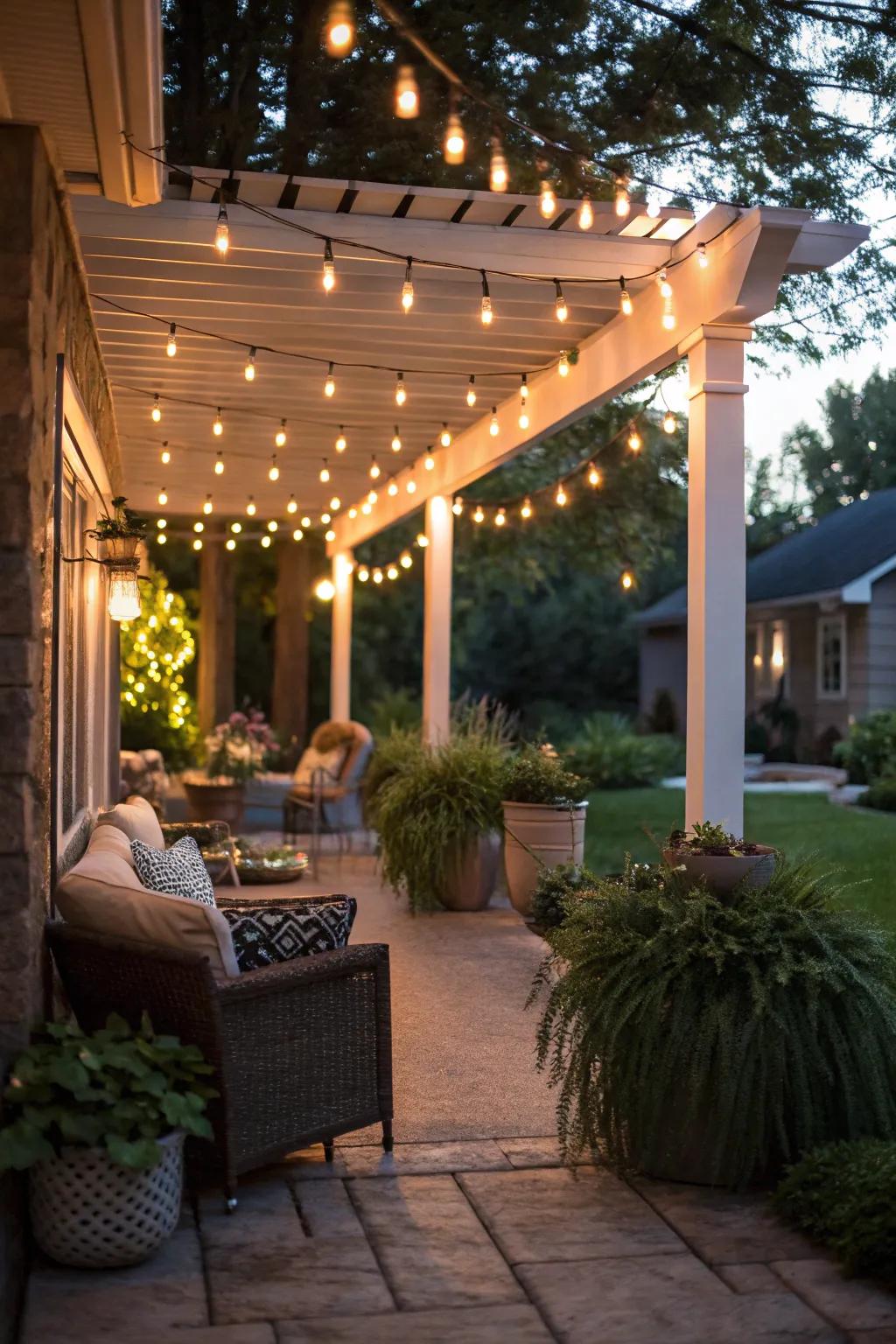 Conjure a magical ambiance with ambient lighting on your patio.