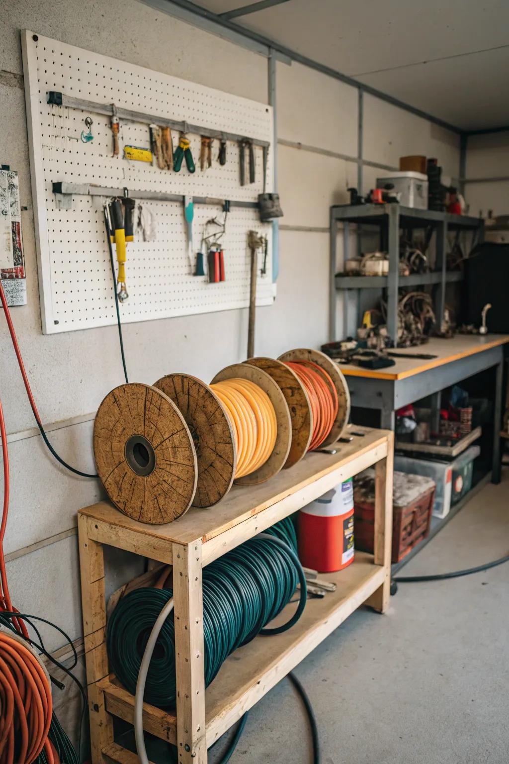 Repurpose old spools for lead storage that is both practical and charming.