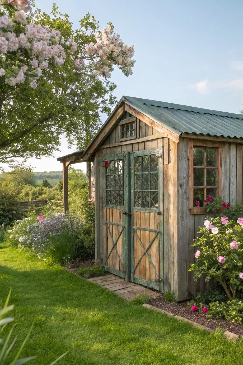 Rural elements infuse timeless appeal into your shed.