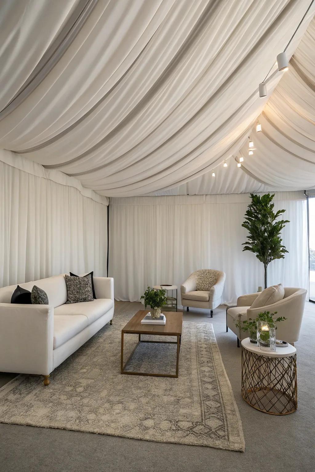 Achieve modern elegance using a simple fabric ceiling.
