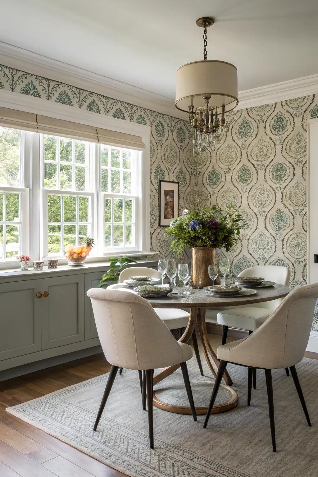 Highlight walls with fabric wallpaper can greatly change any area.