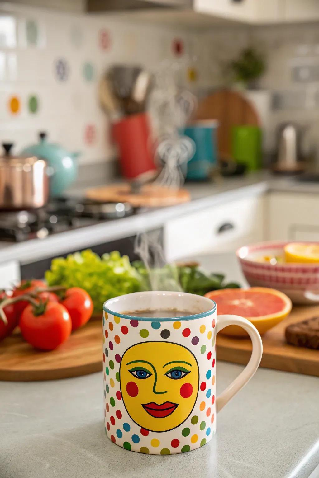 An exciting face mug that adds a pop of color to any kitchen.