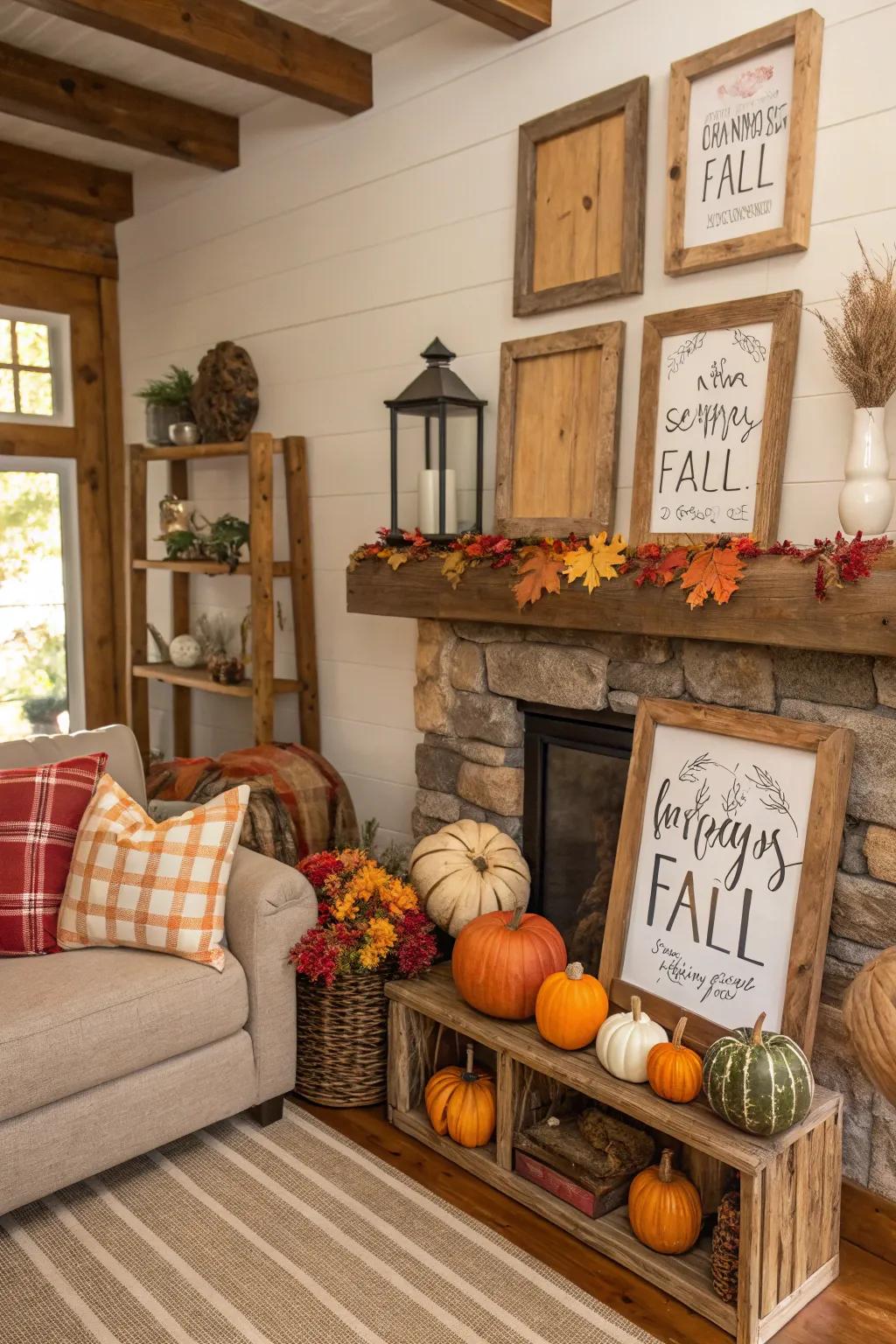 Timber accents shaping an earthy vibe within fall decorations.