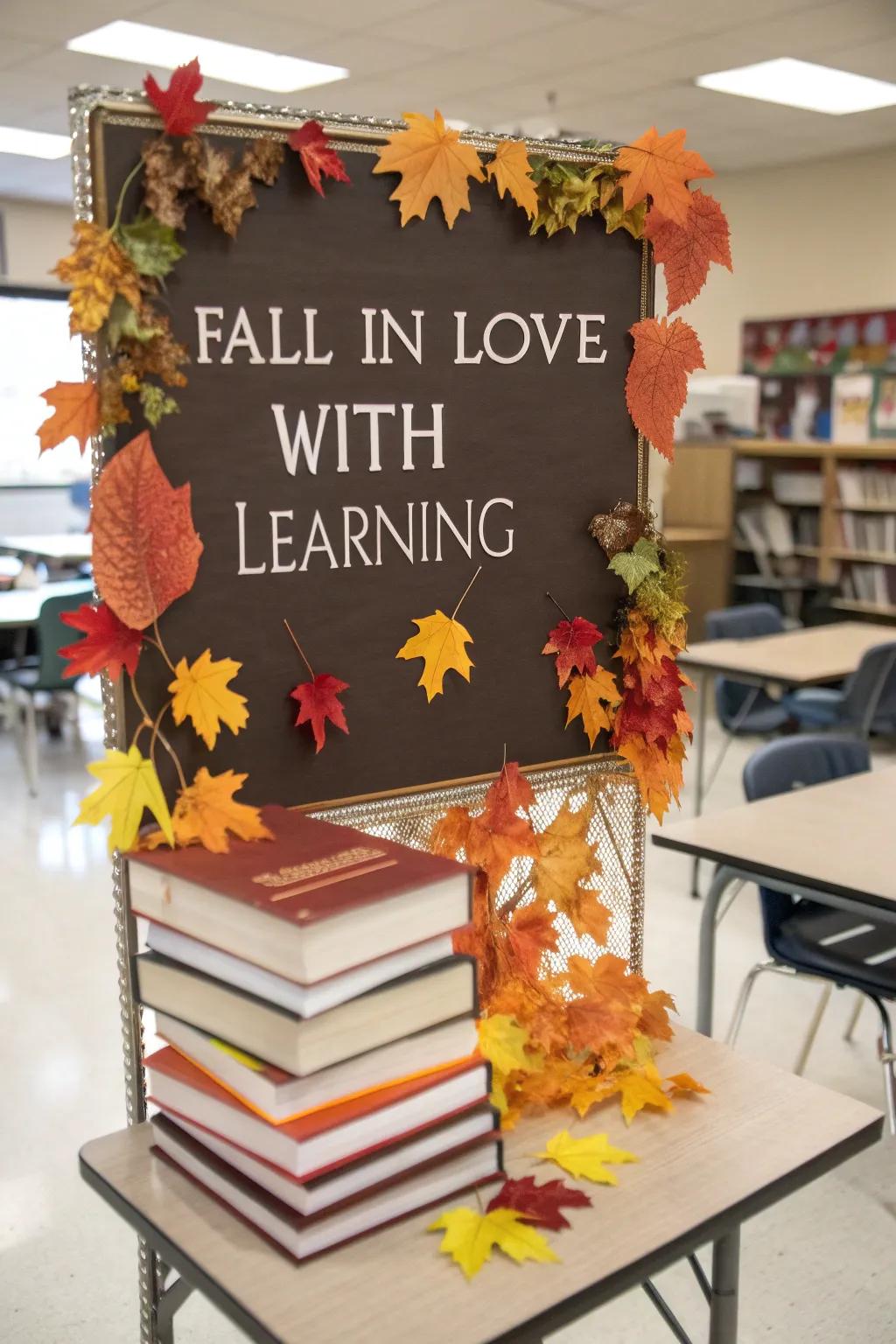 A classroom bulletin board celebrating a love for learning with a fall theme.