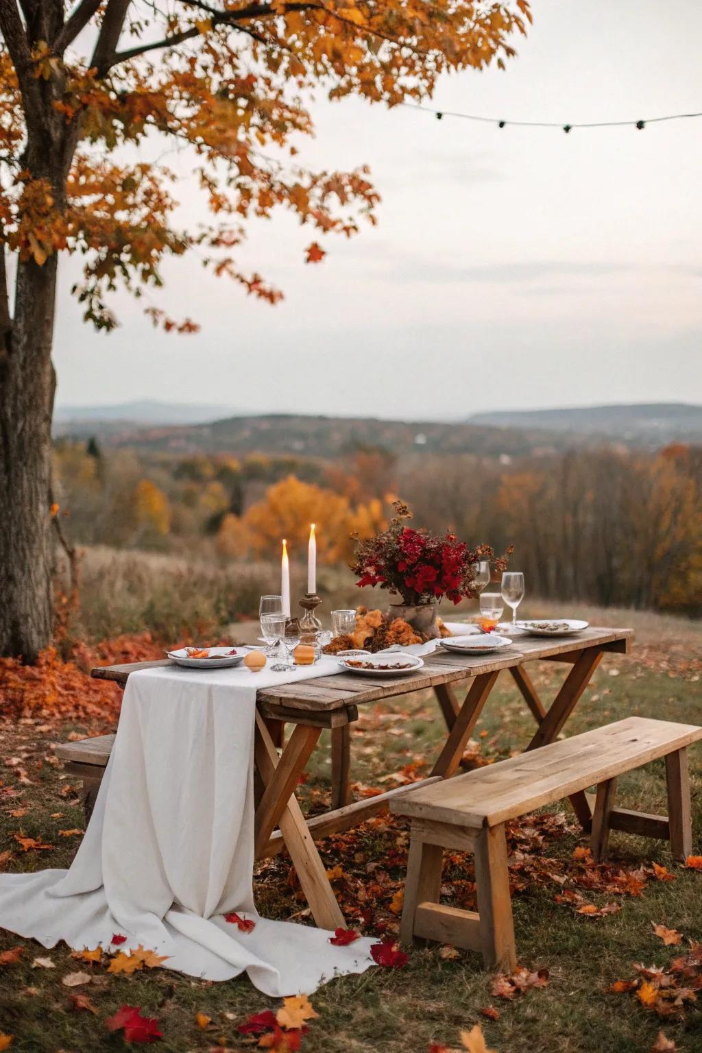 An outdoor setting embraces the beauty of fall's natural backdrop.