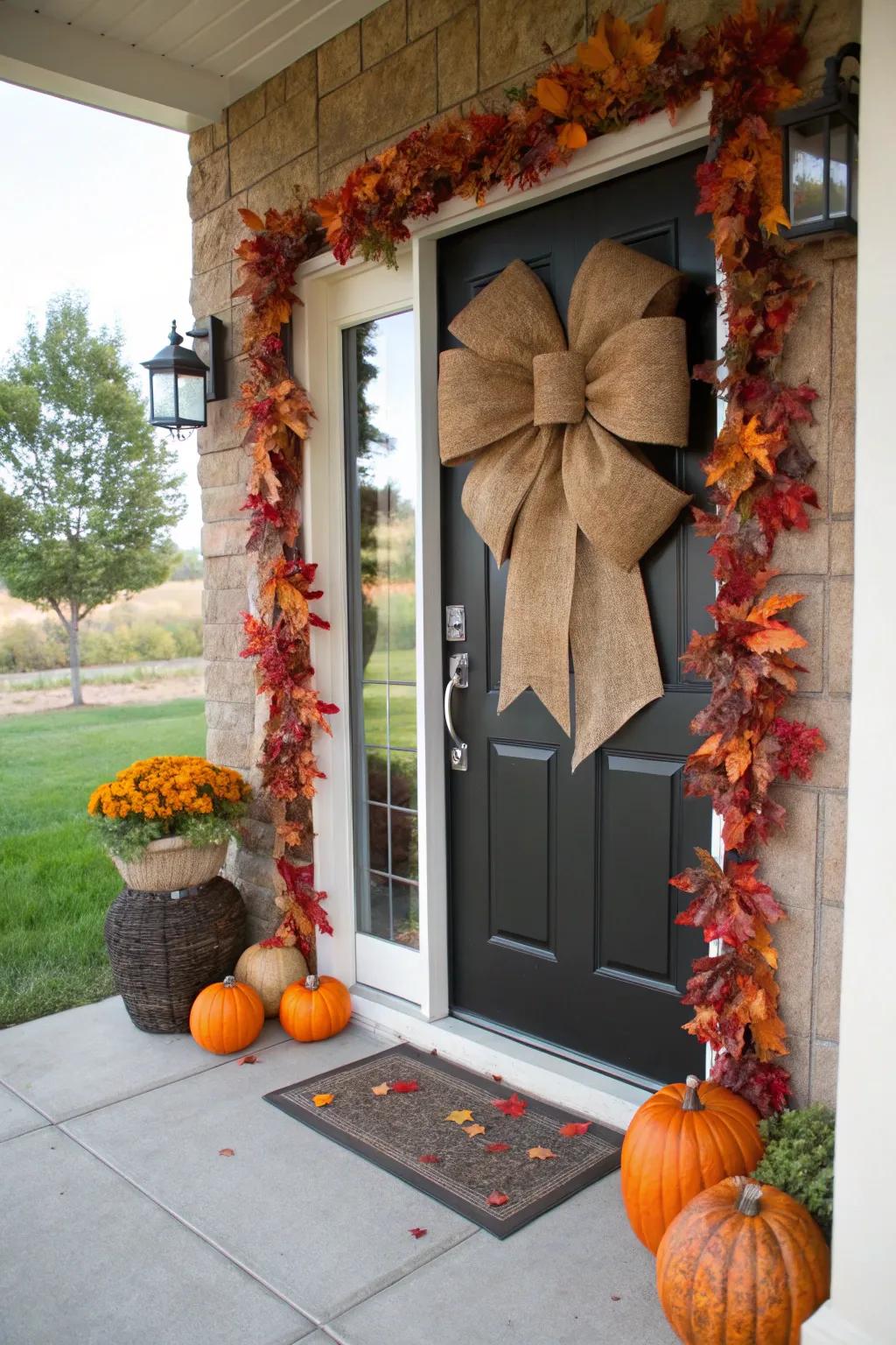 Hessian ribbons add a countryside touch to a fall-decorated door.