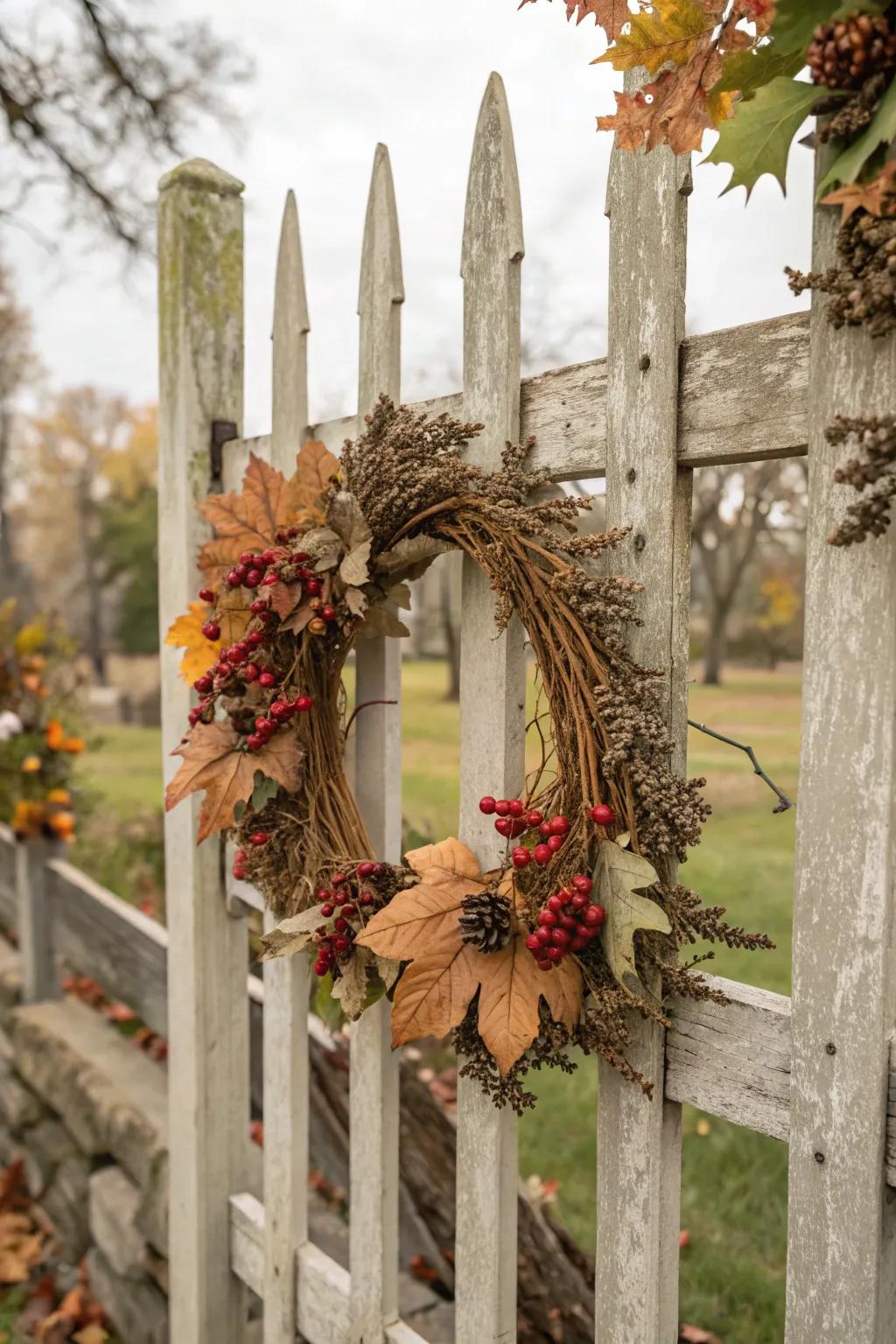 A seasonal wreath of dried foliage and berries embellishes the fence.