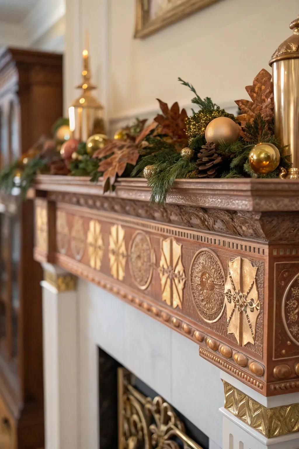 An autumnal mantel showcasing chic bronze and gilded elements.