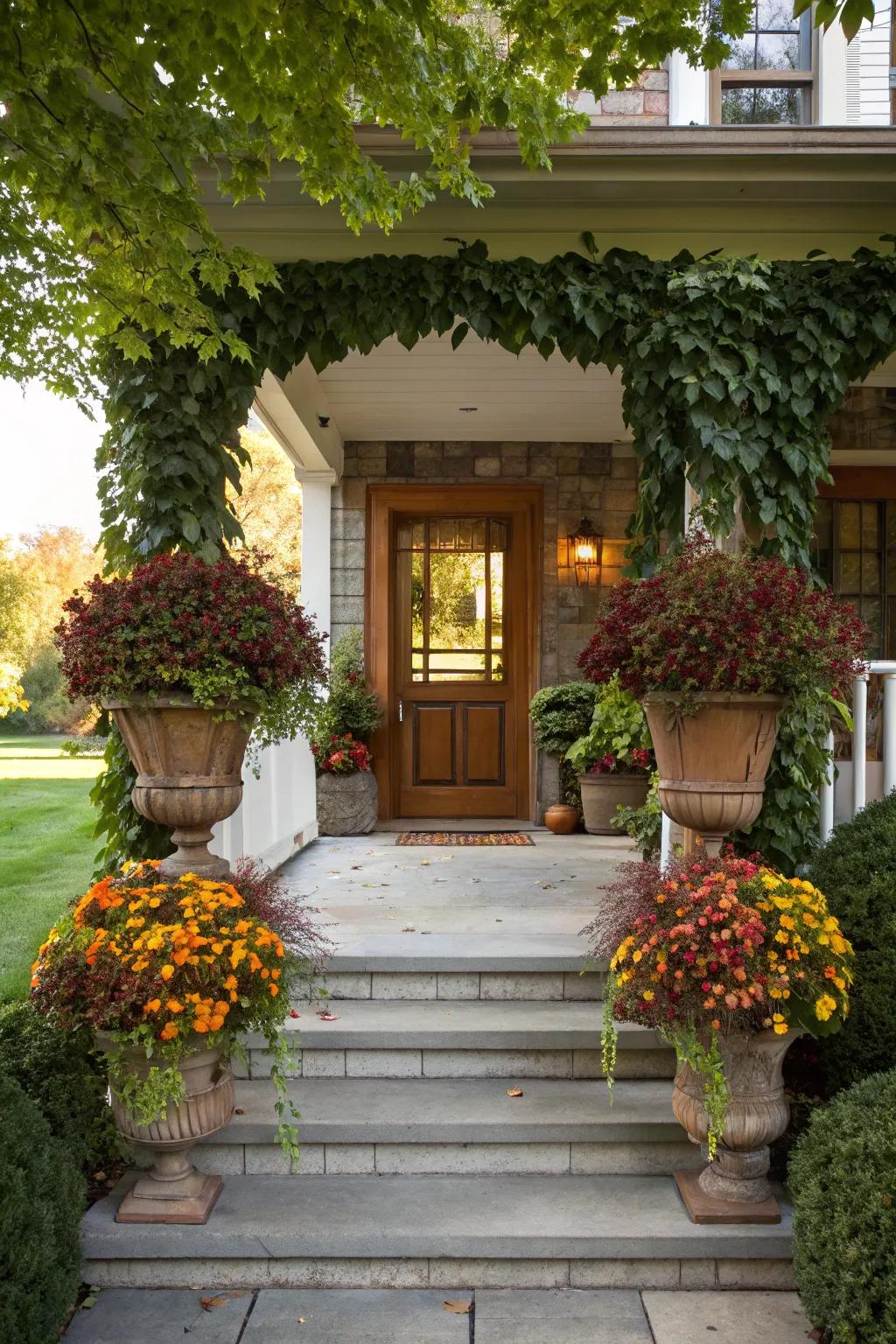 An inviting gateway framed by lush containers sets a warm, welcoming tone.