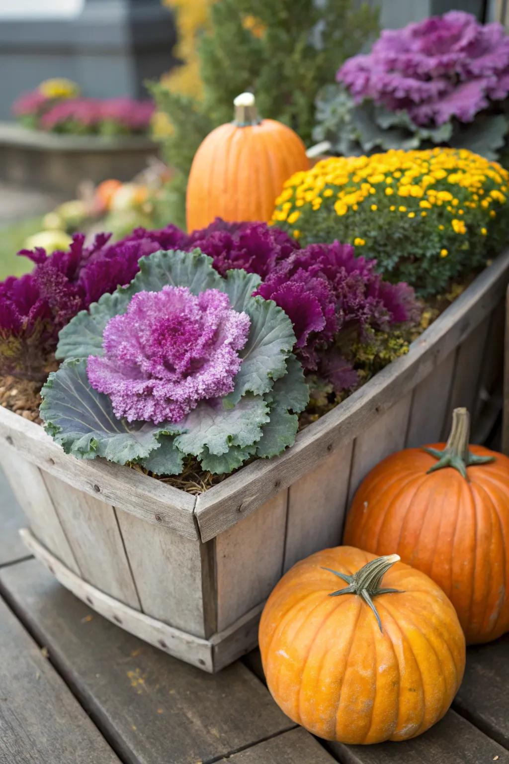 Ornamental cabbage and gourds infuse hue and texture into any container.
