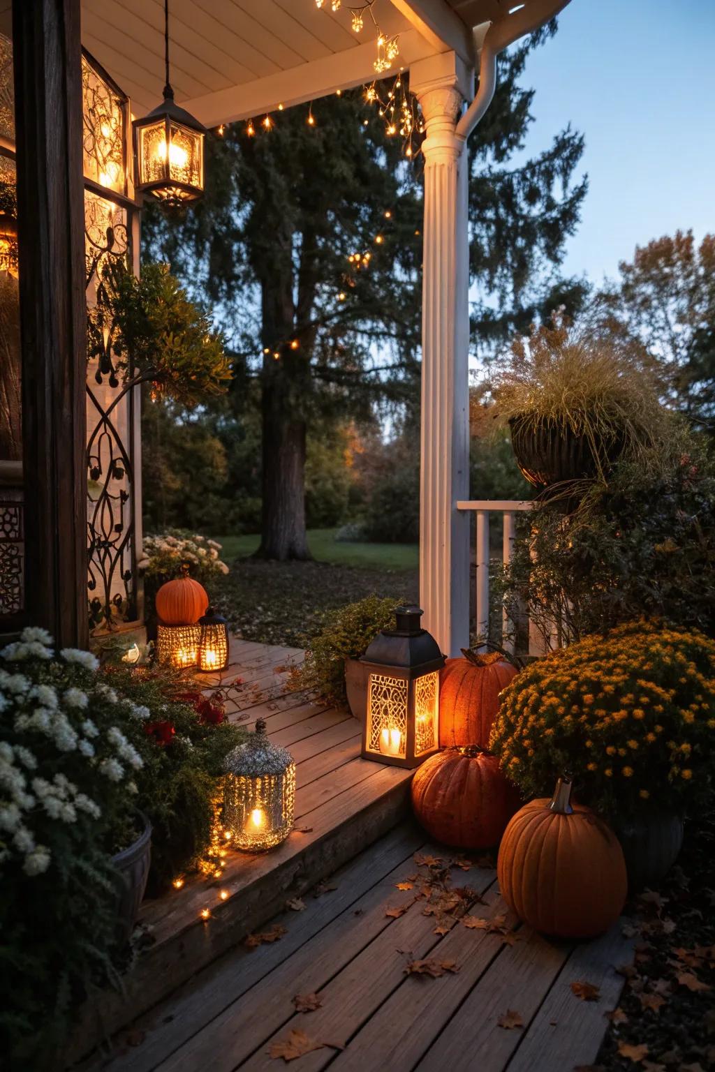 Illumination devices and twinkle lights morph the porch into an enchanting nocturnal retreat.