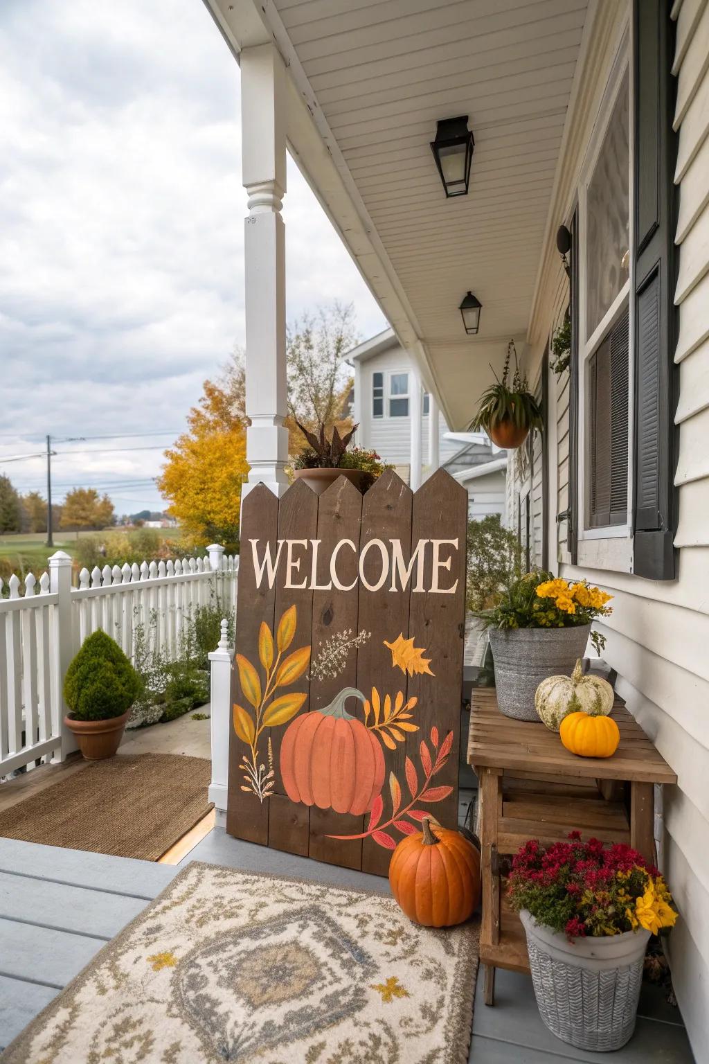 A customized greeting board infuses a hint of fall flair into your porch.