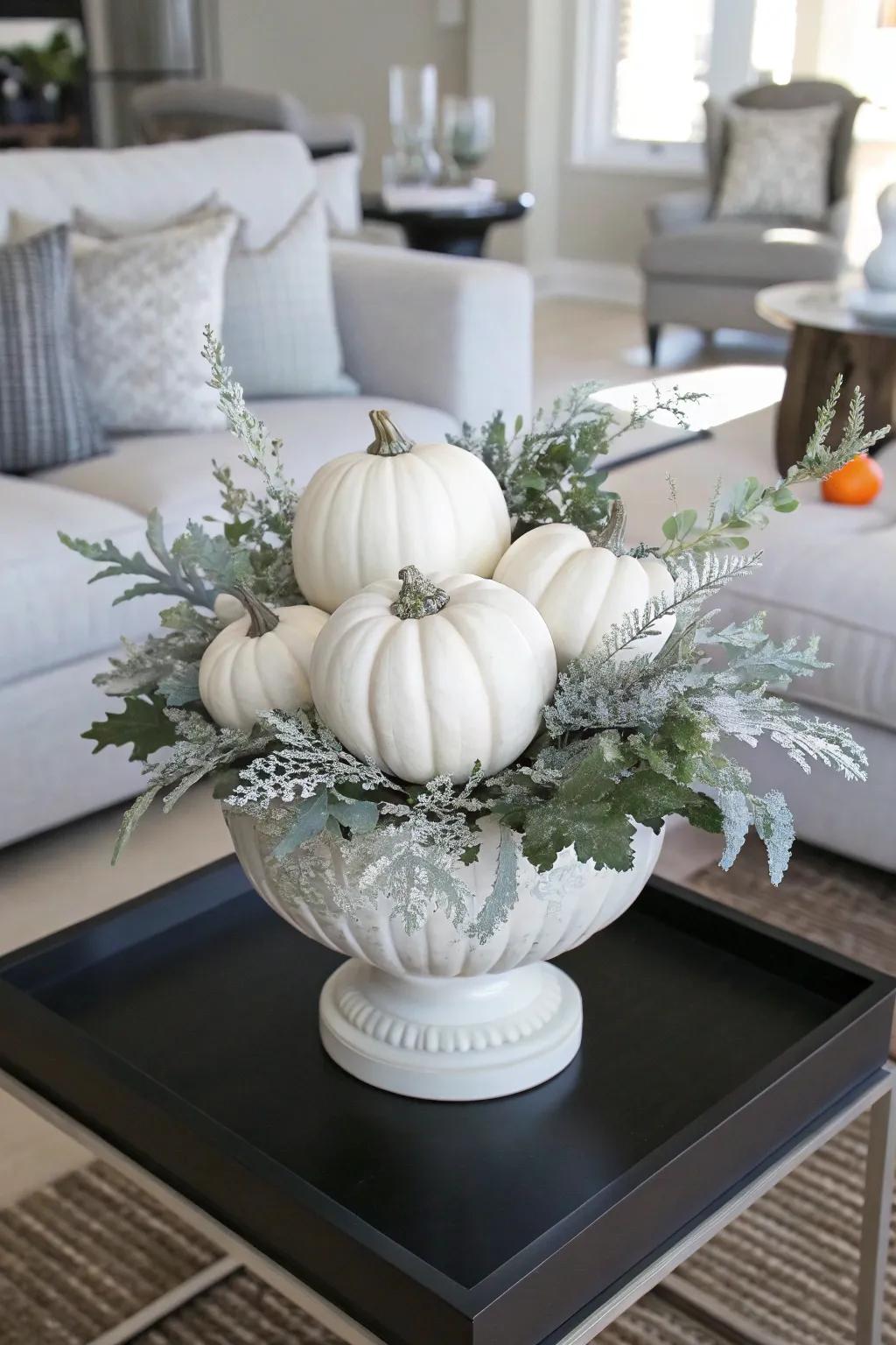 Sophisticated white pumpkins in a minimalist fall urn.