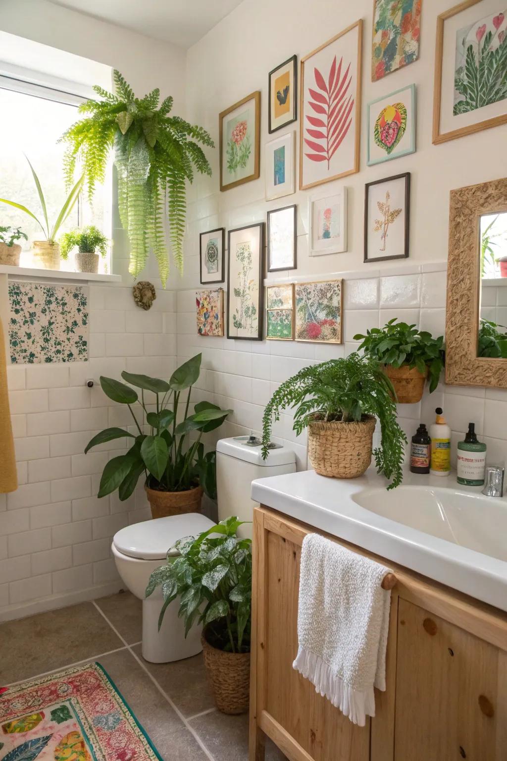 A hint of plants and artwork brings vibrancy to the bathroom.