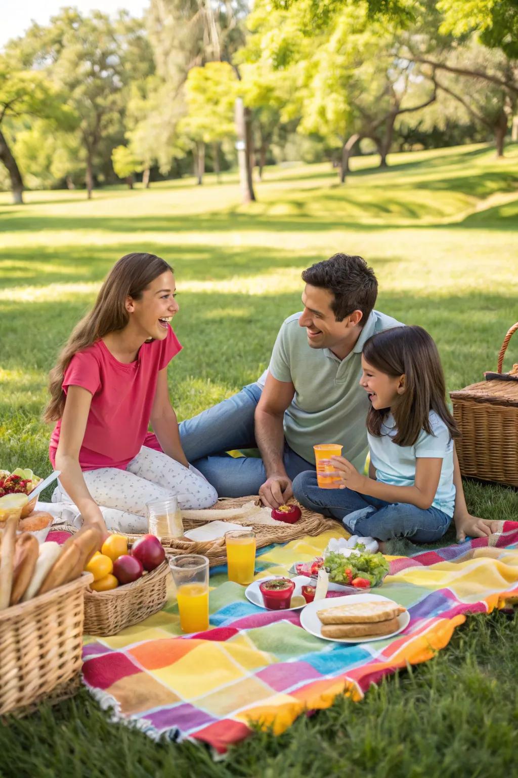 A picnic at the park is ideal for relaxed and joyful family photos.