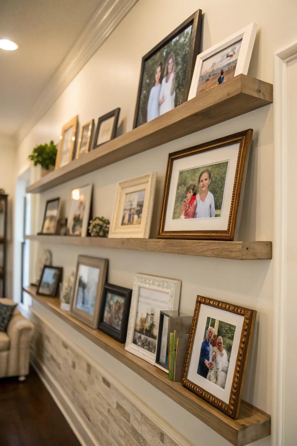 Elevated ledges provide a versatile and dynamic avenue for showcasing family photos.