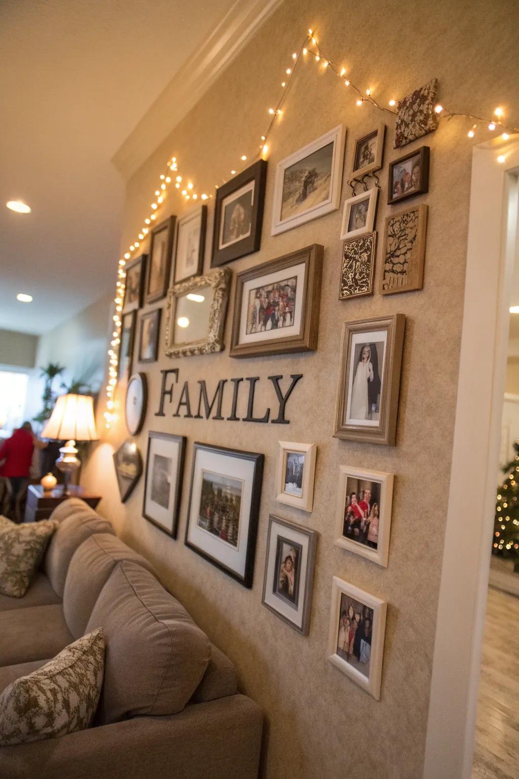 Personalized family wall featuring ornamental initials and photo frames.