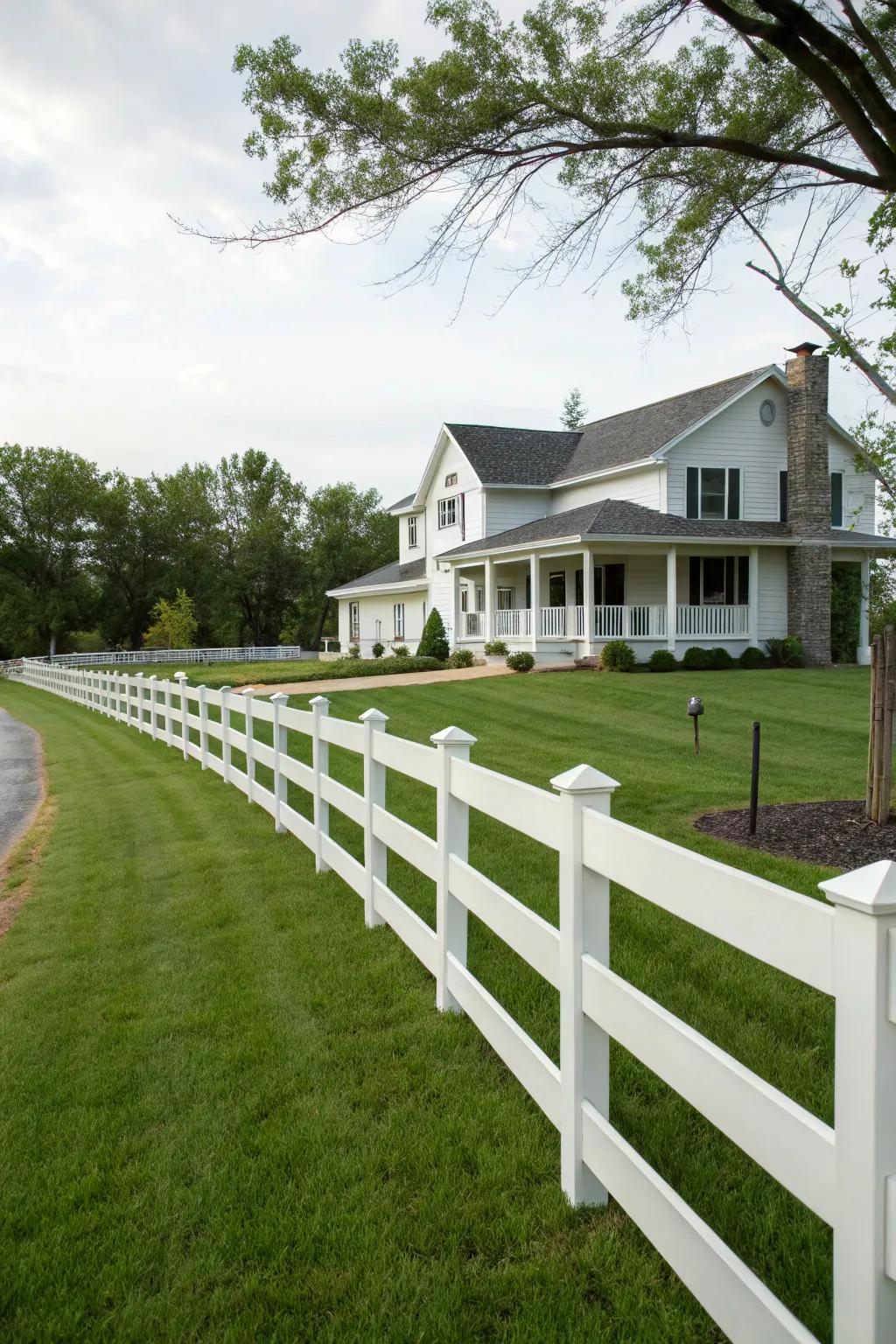 Plastic ranch rail fences merge style with low maintenance.